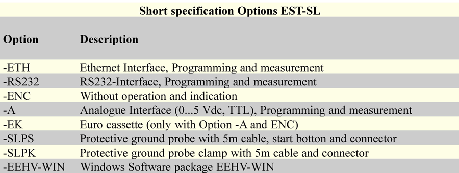 Short specification Options EST SL